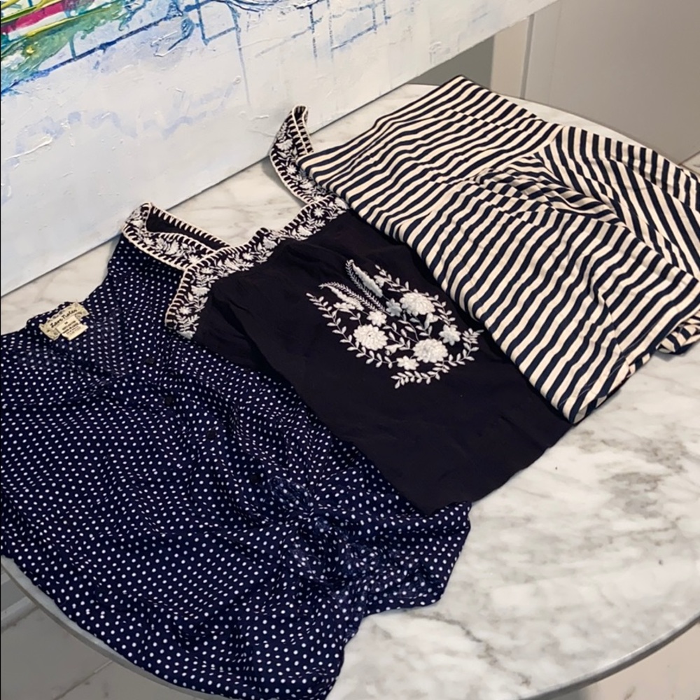 3 Blue & White tops polka dot, stripe and peasant
